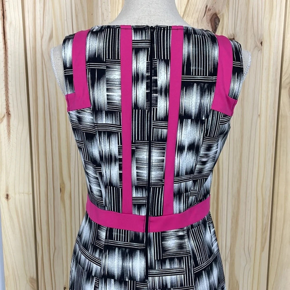 Renuar Sleeveless Midi Sheath Dress Size 6 Black Geometric Print Hot Pink Trim - Picture 6 of 11